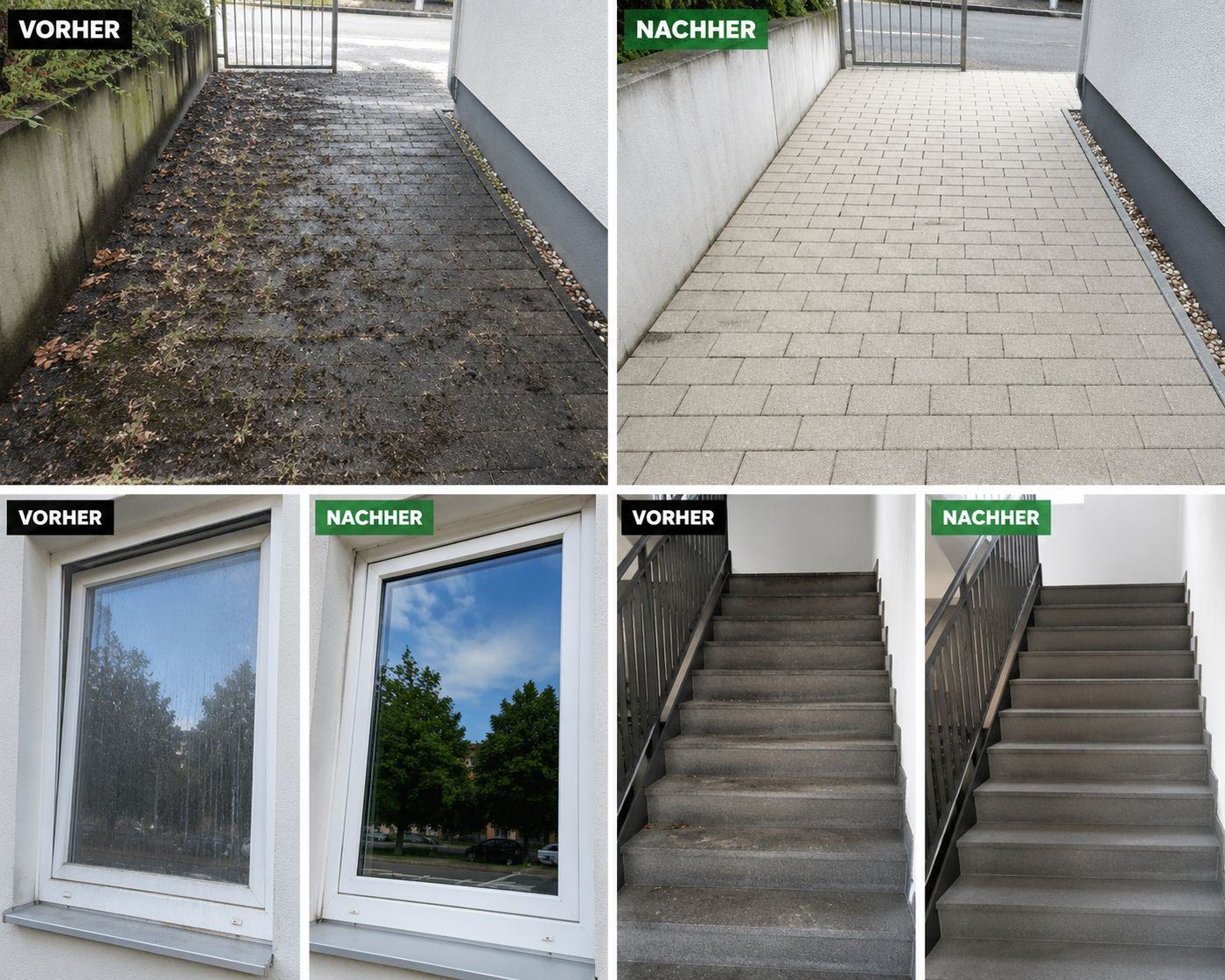 Übersicht mit Vorher-Nachher Beispielen für Außenreinigung, Fensterreinigung und Treppenhausreinigung